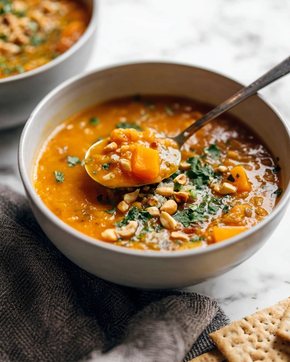 The image shows two bowls of thick orange soup with visible chunks of vegetables like carrots and greens mixed in. The soup has a creamy texture, topped with chopped nuts and fresh green herbs sprinkled on top. The bowls are white and rest on a dark, crumpled cloth on a white marbled surface. Around the bowls are a few pieces of seeded crackers broken into triangles. A spoon is placed in the bowl at the top right corner, slightly submerged in the soup. photo taken with an iphone --ar 4:5 --v 7