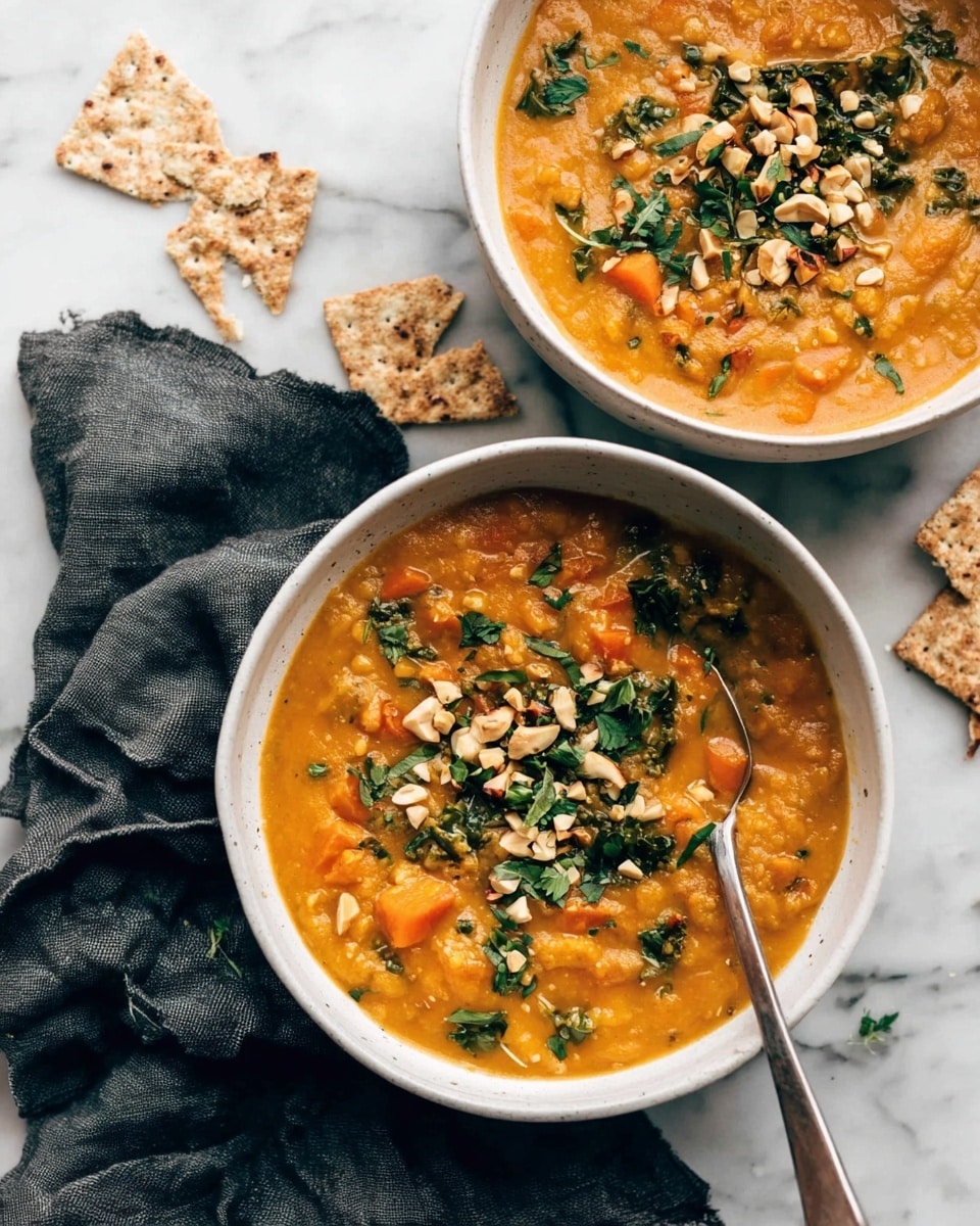 A close-up of a white bowl filled with a thick orange soup that has visible chunks of vegetables, likely sweet potato or pumpkin, and small green herbs sprinkled on top. The soup is garnished with chopped nuts and fresh cilantro, adding texture and color contrast. A silver spoon is partly submerged in the soup, lifting a creamy, chunky scoop. The bowl rests on a textured gray cloth against a white marbled surface, with some pieces of crackers slightly blurred in the background. Another bowl with similar soup is partially visible on the left side. photo taken with an iphone --ar 4:5 --v 7