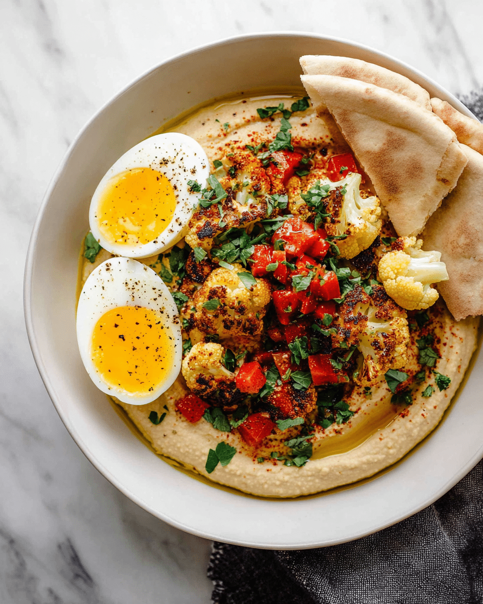 A white bowl holds a layered dish starting at the base with a smooth, creamy beige hummus. On top, there are roasted cauliflower pieces with a golden-brown char, mixed with small bright red diced tomatoes and sprinkled with fresh green chopped herbs. To the left, two halves of a soft-boiled egg with bright yellow yolks and firm whites are placed side by side, lightly seasoned with black pepper. On the right side, there are two folded pita bread wedges resting against the edge of the bowl. The dish sits on a white marbled surface with a hint of a dark cloth under the bowl, and the photo is taken with an iphone --ar 4:5 --v 7