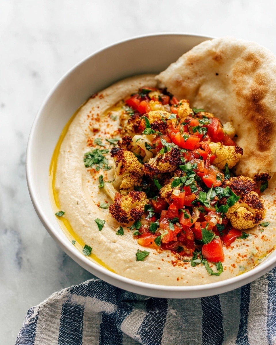 A white bowl holds a layered dish with a smooth, creamy beige base taking up the bottom half. On top of this base, there are small, golden-brown roasted cauliflower pieces scattered mostly on the right side. Bright red diced tomatoes mixed with finely chopped green herbs are spread across the center and towards the right edge over the cauliflower. A folded pita bread with a light golden crust leans against the right side of the bowl. The bowl sits on a white marbled surface with a blue-and-white striped cloth partially under it. Photo taken with an iphone --ar 4:5 --v 7
