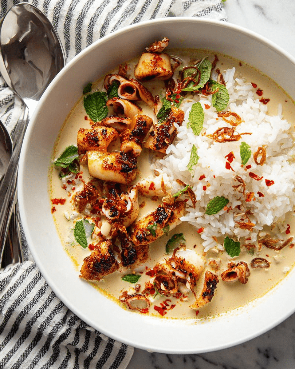 A white bowl filled with a creamy light beige soup base with visible specks of red oil spread across the surface, topped with a layer of fluffy white rice on one side. Above the rice and soup are several pieces of grilled chicken with a golden brown and slightly charred texture. Small green mint leaves and crispy fried onion rings are scattered on top, adding freshness and crunch. A silver spoon rests inside the bowl on the right side. Next to the bowl is a folded gray and white striped cloth, set on a white marbled surface. In the background, there is a glimpse of another white bowl and a small white bowl filled with a dark reddish chili sauce. photo taken with an iphone --ar 4:5 --v 7