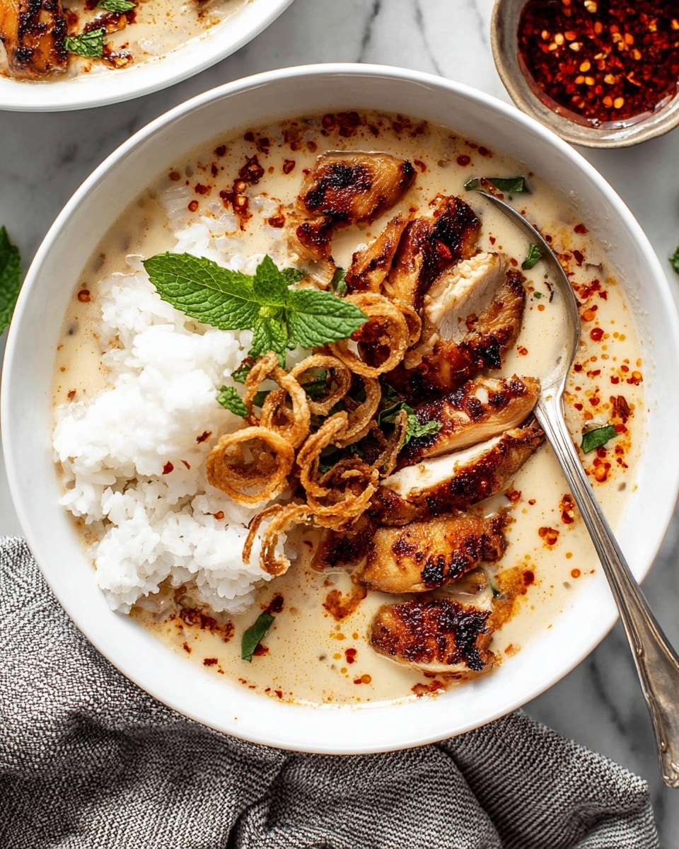 A white bowl filled with three main layers, starting with white cooked rice on one side, next to a creamy light beige sauce that spreads across the bottom and edges. On top, there are golden and slightly charred grilled pieces of squid or cuttlefish with browned, curled edges. The dish is decorated with small bright green fresh herb leaves and scattered slices of fried shallots. Red chili oil drops and spices are sprinkled over the creamy sauce and seafood, adding contrast and color. The bowl sits on a surface with white marbled texture, next to a striped cloth and two metal spoons. Photo taken with an iphone --ar 4:5 --v 7