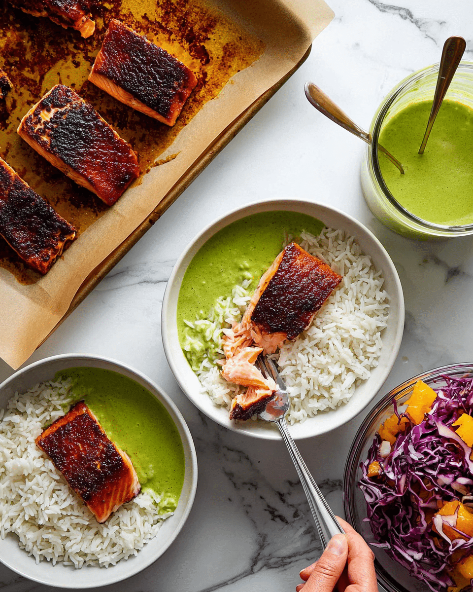 A white bowl filled with a layered dish starting with a base of fluffy white rice spread on one side. Next to the rice is a creamy light green sauce, partially blending with the rice. On top of the rice and sauce is a thick piece of grilled salmon with a crispy, dark brown, and slightly charred crust, with the fish inside showing a soft light pink texture. Surrounding the salmon are bright purple shredded cabbage strands mixed with small green cilantro leaves, and scattered orange citrus segments adding a pop of color. The bowl sits on a white marbled surface with a checkered cloth nearby. photo taken with an iphone --ar 4:5 --v 7