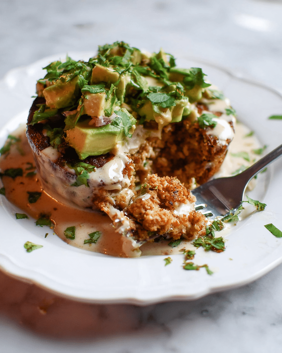 A white fluted plate holds a layered dish starting with a dark brown, slightly charred base, topped with a thick, light creamy sauce that drips around it. Above this sauce, there is a crumbly, cooked ground mixture in a golden brown color. On top of this, chunky pieces of green avocado and finely chopped fresh green herbs are scattered. A silver fork rests partially on the dish, pushing into the layers, breaking some of the creamy sauce and crumbly topping. The background shows a blurred white marbled surface. photo taken with an iphone --ar 4:5 --v 7