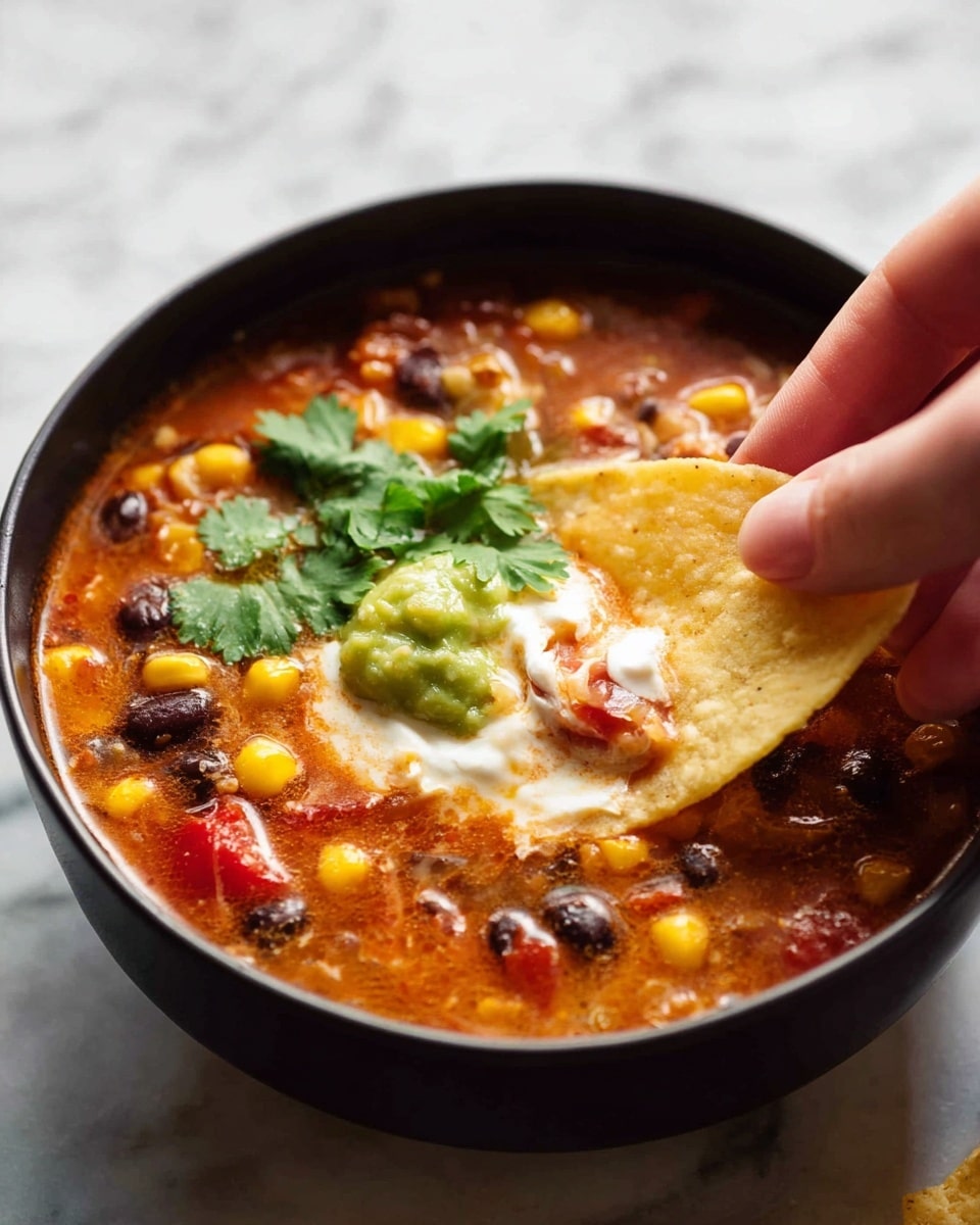 A black bowl filled with a thick, chunky soup showing a rich, reddish-orange broth base filled with yellow corn kernels, dark black beans, and small bits of red bell pepper. On top, a layer of creamy white sour cream is placed in the center with bright green cilantro leaves scattered over it. A dollop of green guacamole is partially covered by the sour cream. A woman's hand is dipping a round, light yellow tortilla chip into the soup, held close to the center. The bowl sits on a white marbled surface. photo taken with an iphone --ar 4:5 --v 7