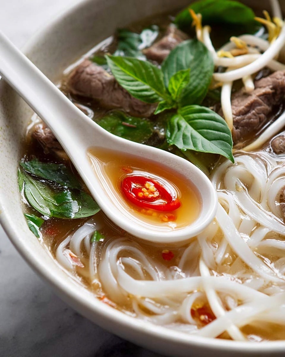 A close-up view of a white bowl filled with clear broth and white rice noodles that are soft and slightly curled. Inside the soup, there are thin slices of cooked beef, bean sprouts, and fresh green herbs, such as basil leaves, adding a vibrant touch on top. A white ceramic spoon rests in the bowl, holding some broth with a small slice of red chili floating in it. The texture of the noodles is smooth and slippery, while the broth looks rich and warm. The bowl is placed on a white marbled surface. photo taken with an iphone --ar 4:5 --v 7