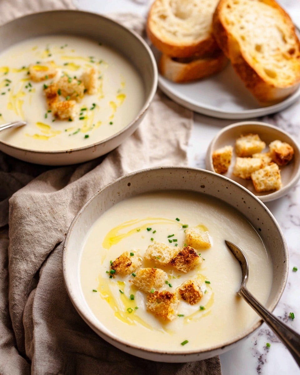 Two bowls of creamy white soup sit on a beige cloth over a white marbled surface. Each bowl has a smooth, thick layer of pale soup topped with small golden brown croutons and a light drizzle of yellow olive oil, with little green chives sprinkled on top. One bowl has a spoon resting inside, while the other is plain. Nearby, there are pieces of crusty light brown bread and a small white plate holding extra croutons. In the background, two slices of toasted bread with a golden crust are placed on a white plate. photo taken with an iphone --ar 4:5 --v 7