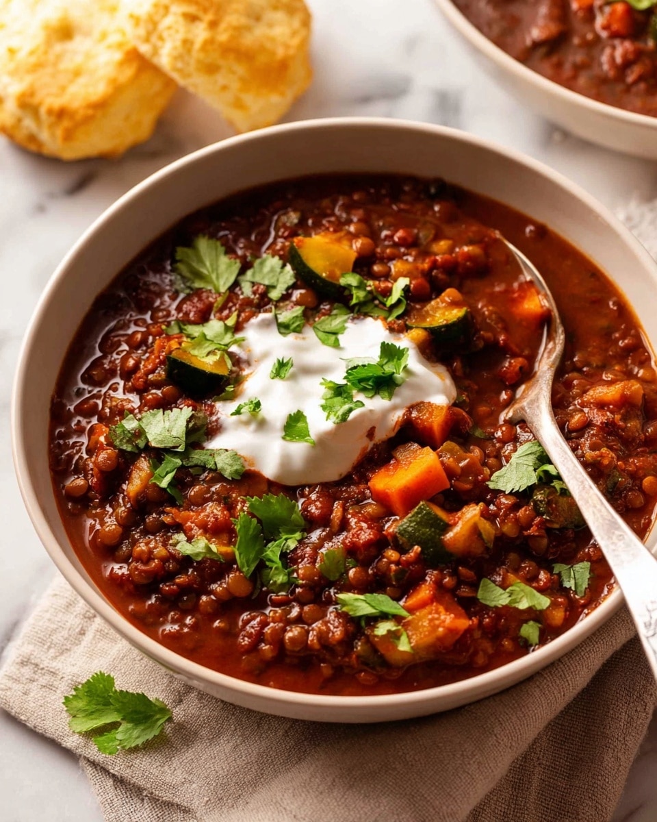 A white bowl filled with thick, dark red lentil stew that has pieces of green zucchini and orange carrots mixed in, topped with a dollop of white sour cream and bright green cilantro leaves scattered on top. A silver spoon rests inside the bowl, slightly submerged in the stew. In the background, a split biscuit with a soft yellow interior sits on the white marbled surface next to the bowl. The bowl is on a beige cloth with a few small cilantro leaves around it. photo taken with an iphone --ar 4:5 --v 7
