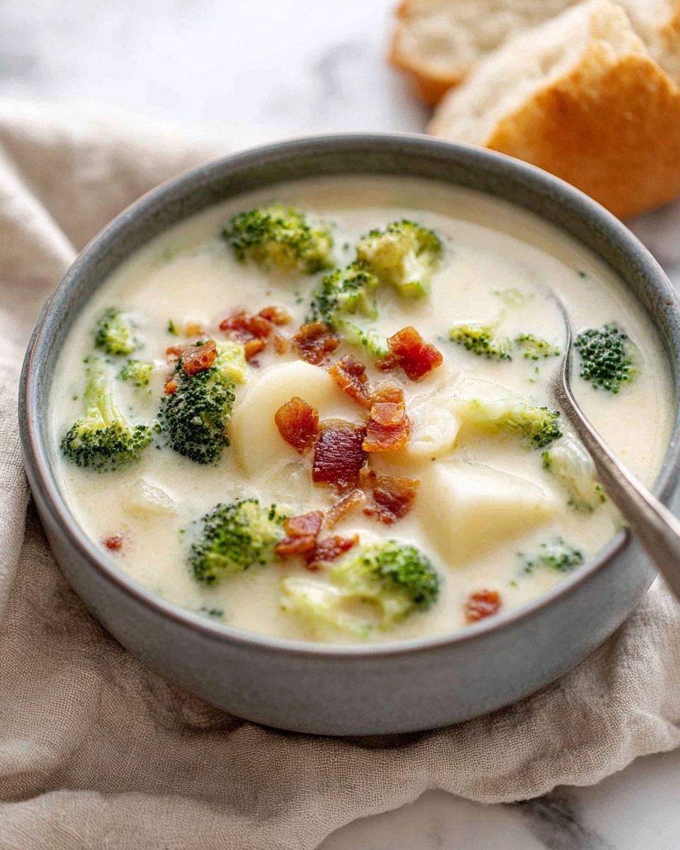 A gray bowl filled with creamy white soup containing three main visible layers: soft white potato chunks on the bottom, bright green broccoli florets scattered throughout the middle layer, and small crispy brown bacon pieces sprinkled on the top. A silver spoon is partially dipped into the soup on the right side. The bowl is placed on a light beige cloth with a piece of sliced bread blurred in the background, all set on a white marbled surface. photo taken with an iphone --ar 4:5 --v 7