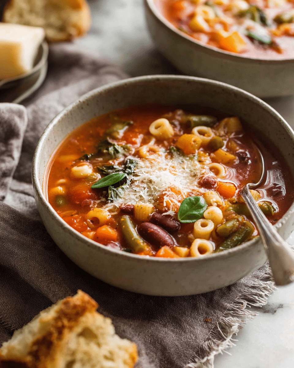 A bowl of thick vegetable soup with a reddish-orange broth filled with small pasta rings, kidney beans, green beans, diced orange carrots, celery pieces, and leafy greens. On top, there is a sprinkle of grated white cheese and a few green herb leaves. The bowl is made of gray pottery and sits on a soft gray cloth with frayed edges. In the foreground, there are torn pieces of crusty bread with a golden-brown crust and soft inside. A silver spoon rests on the edge of the bowl, and another bowl with the same soup is blurred in the background on a white marbled surface. Photo taken with an iphone --ar 4:5 --v 7
