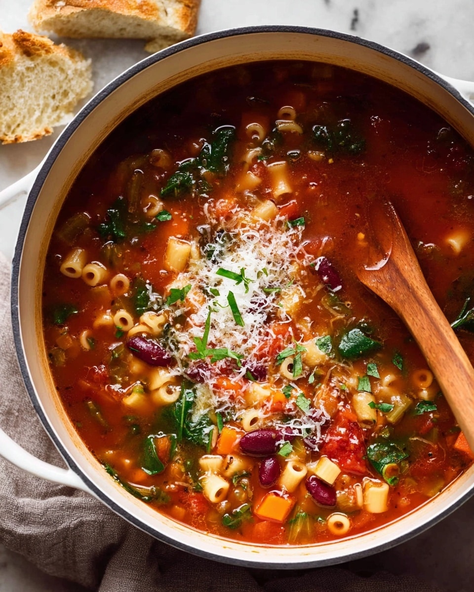 A close-up view of a large white pot filled with hot vegetable soup, showing a rich red tomato broth with small pasta tubes, kidney beans, chopped orange carrots, green spinach leaves, and other diced vegetables mixed throughout. The soup is topped with a light sprinkle of finely grated white cheese and small green herb leaves scattered on top. A wooden spoon sticks into the soup resting against the side of the pot. The pot sits on a white marbled surface with a gray cloth partially visible below and two pieces of torn bread placed nearby. Photo taken with an iphone --ar 4:5 --v 7