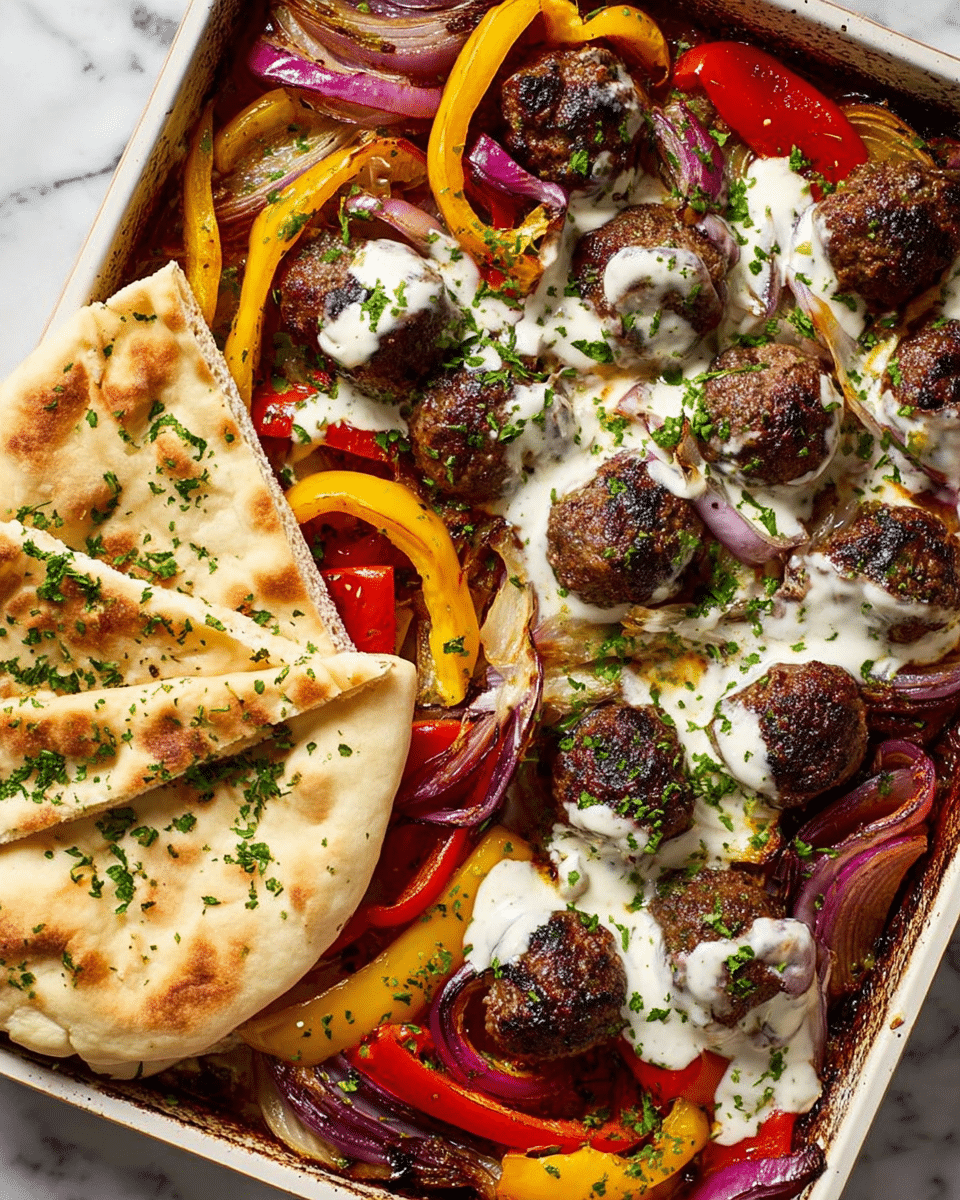 A white rectangular pan filled with a colorful mix of layers: at the bottom, slices of red, yellow, and green bell peppers and purple onions, all cooked and slightly charred, arranged randomly; on top, dark brown meatballs generously covered with a white creamy sauce, sprinkled with chopped green herbs. In the corner, three folded pieces of light golden-brown flatbread have green herbs sprinkled on them, adding another layer to the dish. The pan rests on a white marbled surface. photo taken with an iphone --ar 4:5 --v 7