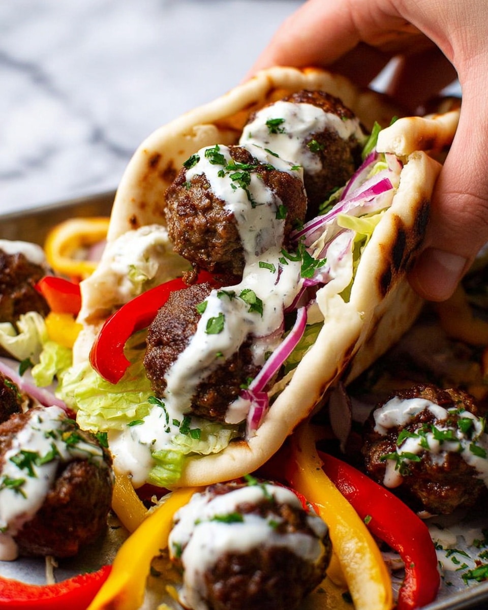 A close-up image showing a woman's hand holding a pita bread wrap filled with layers of juicy dark brown meatballs topped with white creamy sauce and sprinkled green herbs. Inside the pita, there are bright red and yellow cooked bell pepper strips and shredded light green lettuce, along with red onion pieces visible beneath the meatballs. Several more meatballs with white sauce and green herbs are scattered on a silver tray around the wrap, which also holds more slices of bell peppers and lettuce. The background is a white marbled texture. Photo taken with an iphone --ar 4:5 --v 7