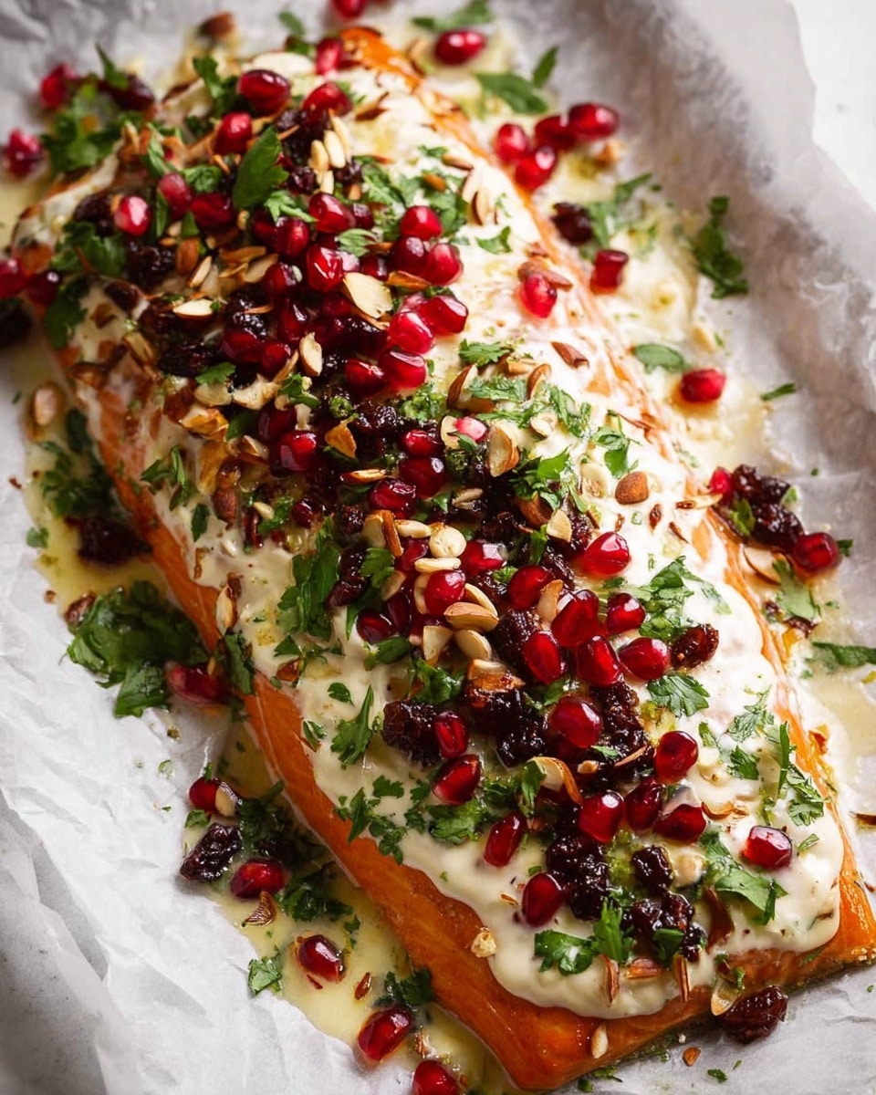 A large piece of cooked salmon with a shiny orange-brown color sits on a sheet of white parchment paper on a white marbled surface. The salmon is topped with a thick layer of creamy white sauce spread evenly across its top. On this, there are scattered dark brown raisins, small toasted slivered almonds, bright red pomegranate seeds, and fresh green parsley leaves placed randomly but generously. The glossy texture of the sauce contrasts with the vibrant colors of the toppings, giving a fresh and rich look to the dish. Photo taken with an iphone --ar 4:5 --v 7