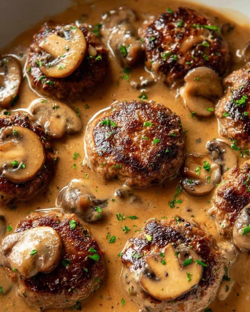 Smothered Rissoles with Mushroom Gravy over Mashed Potatoes Recipe