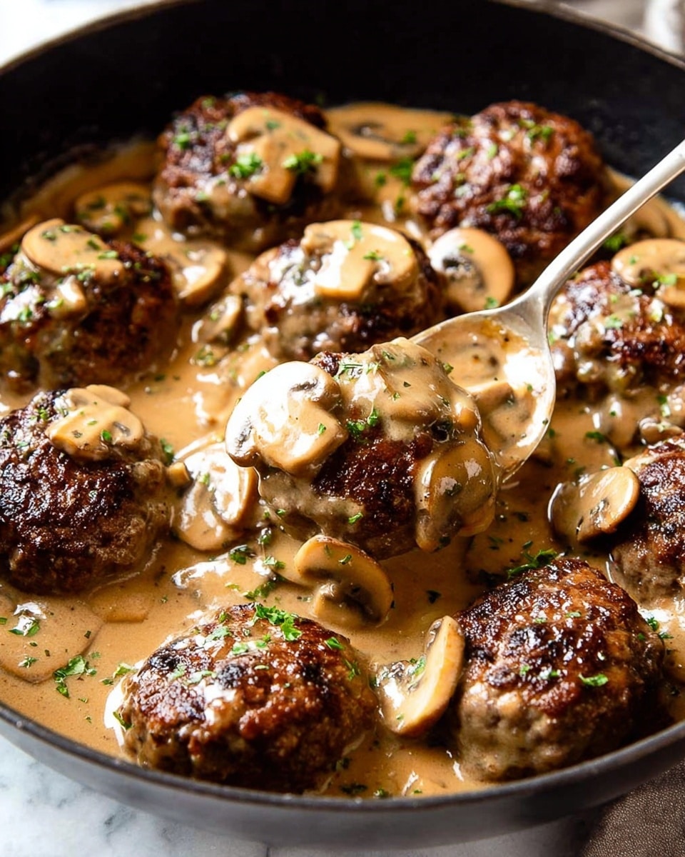 A close-up view of a black pan filled with nine browned meat patties covered with creamy brown mushroom sauce. The sauce has sliced light tan mushrooms scattered on top and around the patties, with small bits of green herbs sprinkled over everything. A silver spoon is scooping one patty with sauce and mushrooms from the pan, showing thick, rich sauce texture. The background is a white marbled texture. photo taken with an iphone --ar 4:5 --v 7