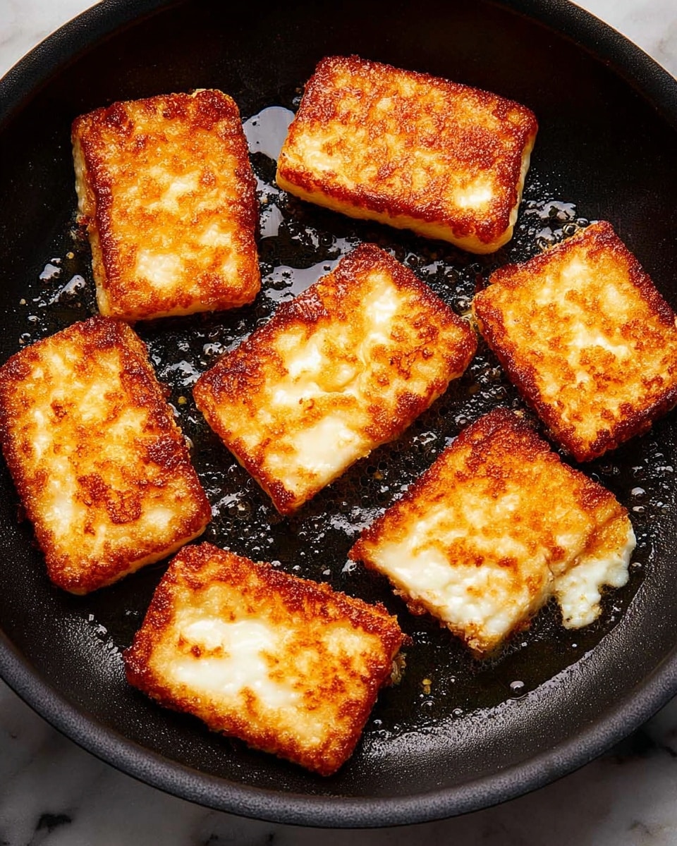 The image shows seven pieces of fried cheese in a black pan with oil drops glistening around them. Each piece is rectangular with golden-brown crispy edges and slightly white, soft-looking centers that show a nice contrast in texture. The pieces are arranged randomly, filling most of the pan's surface, with some overlapping slightly. The cheese pieces have a bubbly and crunchy surface on their browned sides, indicating they are well-cooked with a firm outside and a softer inside. The background features a white marbled texture. photo taken with an iphone --ar 4:5 --v 7