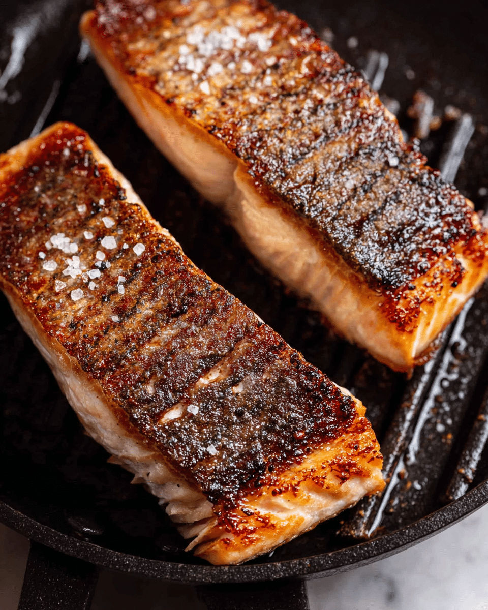 Two pieces of cooked salmon fillets with crispy, dark golden-brown skin are shown on a grill pan. The skin has a rough, textured surface with visible grill marks and is sprinkled lightly with coarse sea salt. The fish flesh beneath the skin looks flaky and moist, with a lighter pinkish color. The black grill pan underneath adds contrast, and a metal spatula is partially visible beneath the fillets. The background consists of a white marbled texture. photo taken with an iphone --ar 4:5 --v 7