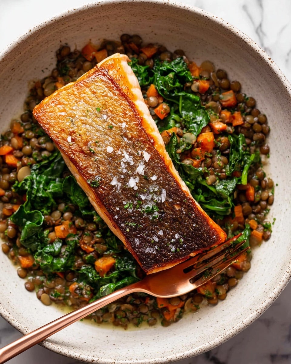 A white bowl filled with a base layer of cooked lentils mixed with small orange carrot pieces and some green herbs, creating a chunky, textured surface. On top of the lentils is a bright green layer of wilted leafy greens, adding freshness and contrast. Resting on the greens is a thick piece of crispy salmon with a golden-brown, crackly skin sprinkled with coarse sea salt. To the side of the bowl sits a rose-gold fork partially submerged in the lentils. The dish is placed on a white marbled textured surface. photo taken with an iphone --ar 4:5 --v 7