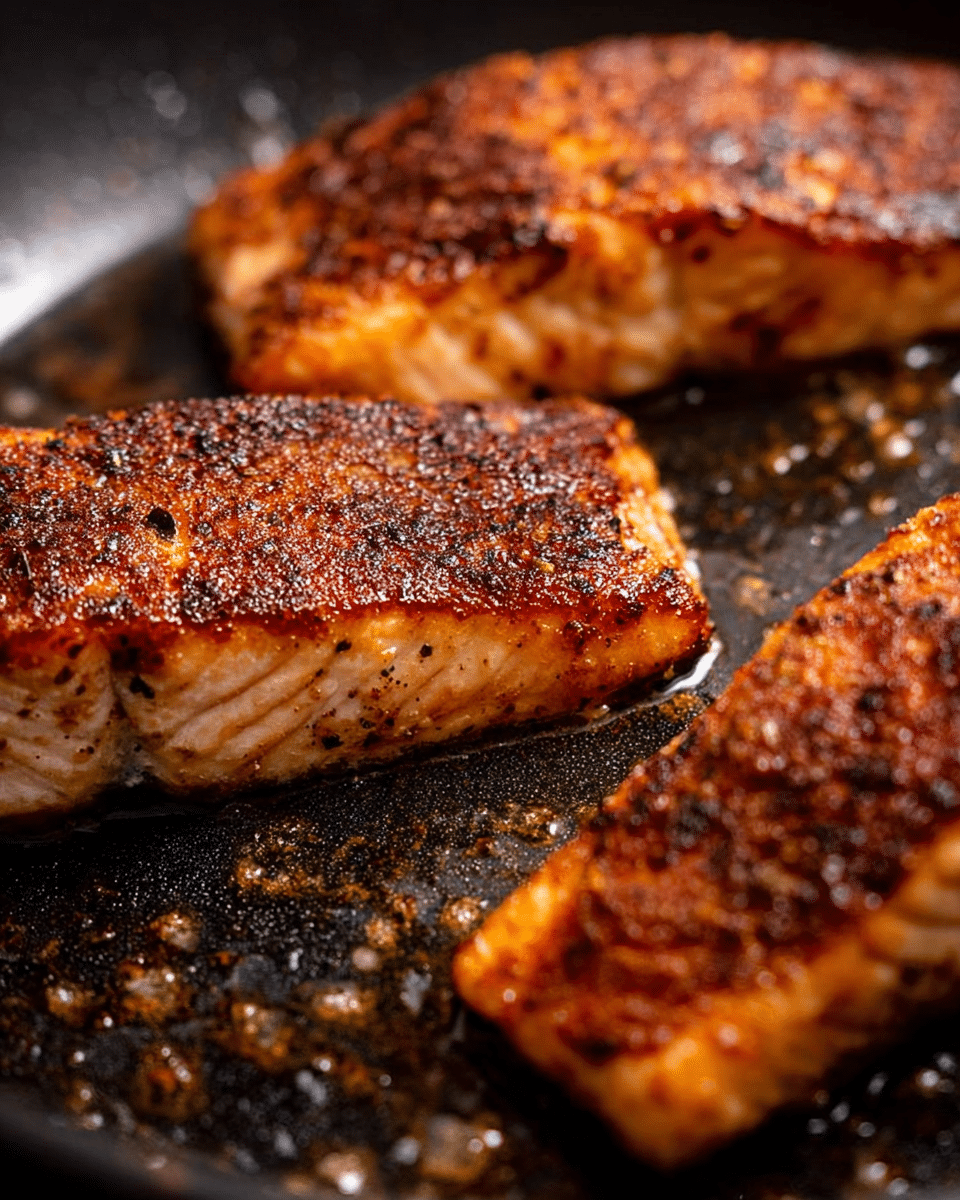 The image shows three pieces of pan-seared salmon fillets cooking in a black skillet. Each fillet has a rich golden-brown to dark brown layer of crispy skin and seasoning on top, creating a rough, slightly charred texture. The salmon's inner flesh peeks out slightly in some spots, showing a soft, pinkish-orange color. The skillet has small drops of oil shimmering around the salmon, adding a glistening effect. The fillets are positioned close to each other but with some space visible between them. The photo is taken with an iphone --ar 4:5 --v 7