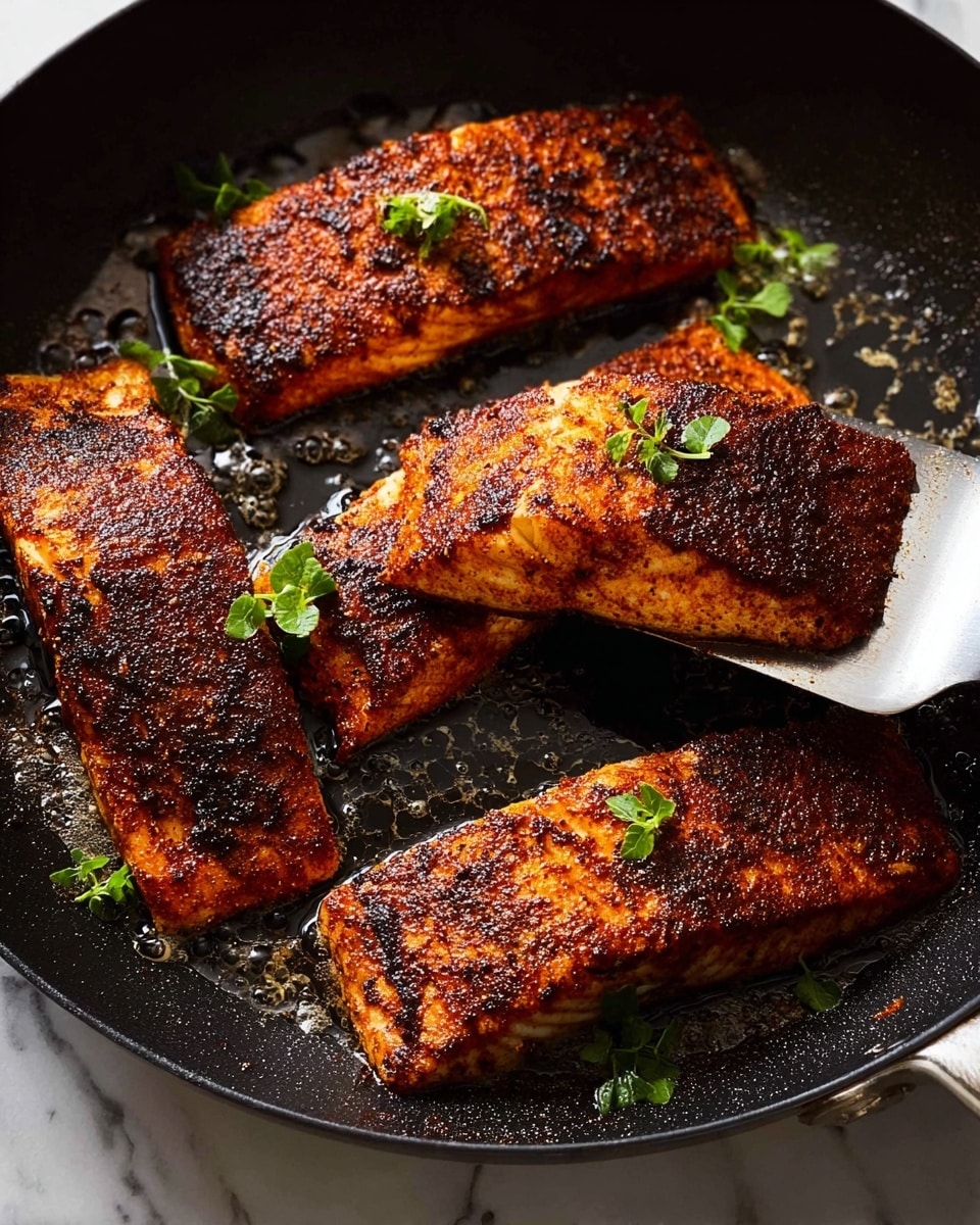Five pieces of golden-brown fish fillets with a crispy, slightly charred surface are cooking in a black pan. The fillets are coated in dark spices and oil, giving them a rich, textured look. Small green herb leaves are placed on top of each fillet for garnish. A metal spatula is lifting one piece, showing the thick, juicy texture of the fish. The pan’s surface is shiny with oil and small bubbles around the fish. The background is a white marbled texture. photo taken with an iphone --ar 4:5 --v 7