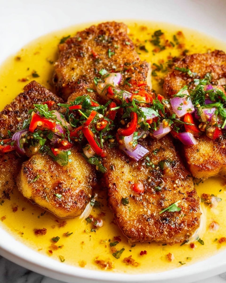 The image shows a close-up of five pieces of golden-brown, crispy fish fillets placed closely on a white plate, covered in a shiny, slightly oily sauce. Each piece has a crunchy texture with visible seasoning specks. On top of the fish fillets, there is a colorful garnish made of small pieces of red chili, finely chopped purple onion, and green herbs, adding a fresh and vibrant touch. The sauce around the fillets is yellow-orange with tiny bits of seasoning floating in it. The background features a white marbled texture. photo taken with an iphone --ar 4:5 --v 7