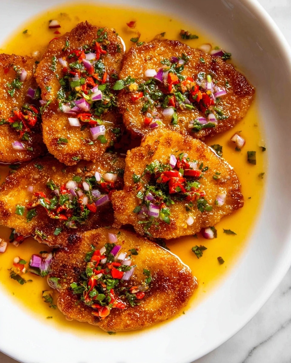 A white plate holds several golden-brown, crispy pieces of cooked food, each shaped like a flat oval with textured, crunchy edges. The pieces are topped with finely chopped red onions, green herbs, and small bits of red chili, adding pops of color and freshness. A glossy, golden orange sauce pools around the pieces, creating a shiny, rich look. The surface under the plate has a white marbled texture. Photo taken with an iphone --ar 4:5 --v 7