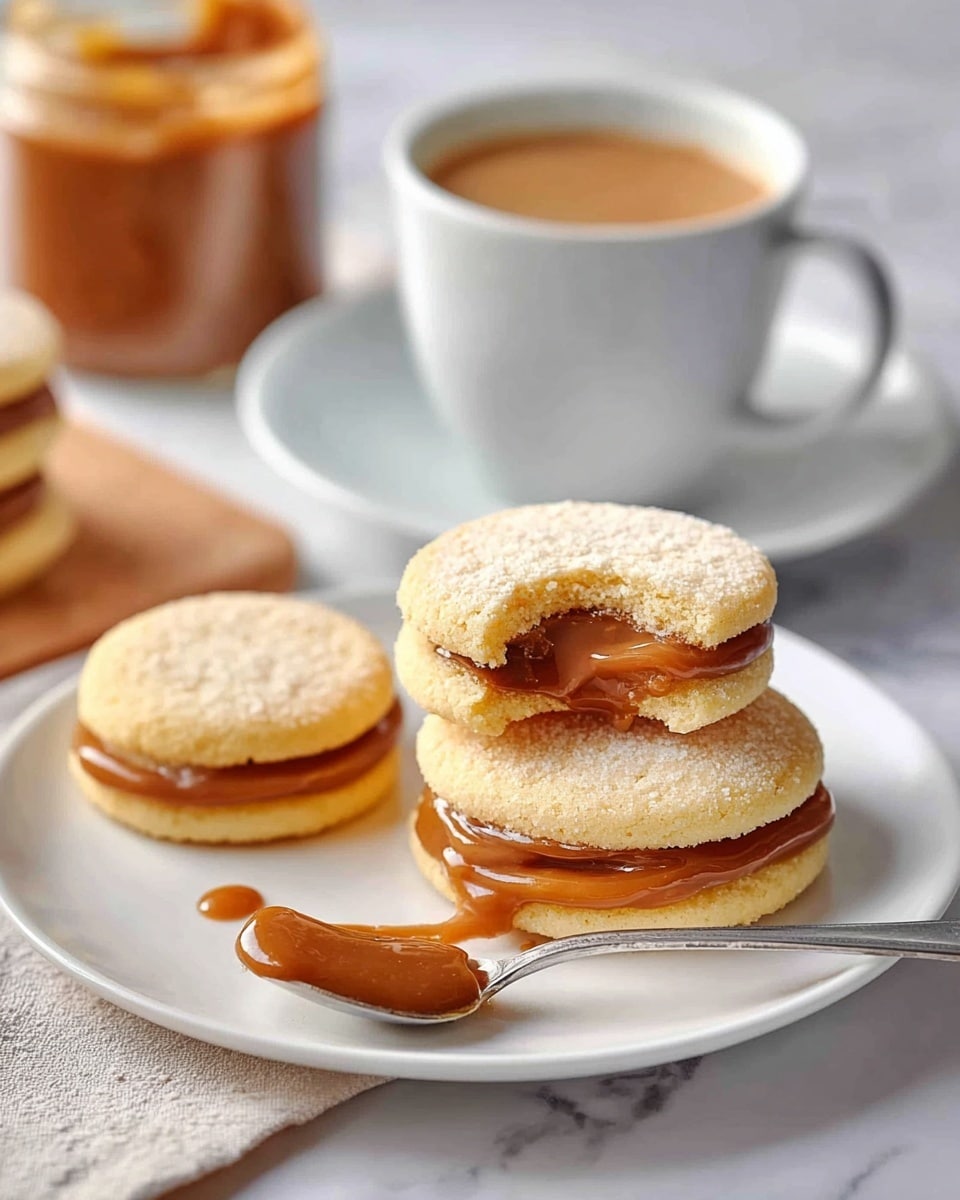 A white plate on a white marbled surface holds three sandwich cookies with two pale yellow, slightly crumbly biscuit layers each, filled with a glossy, rich caramel layer; one cookie in the foreground has a bite taken out, revealing the soft inside and thick caramel. Next to the bitten cookie, a silver spoon holds a shiny dollop of the same caramel spread. A white cup with a handle sits on a matching white saucer filled with light brown coffee or tea. In the blurred background, a jar containing more caramel spread is visible. Photo taken with an iphone --ar 4:5 --v 7