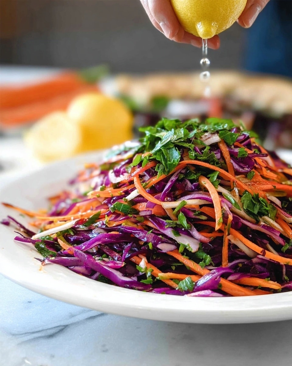 A white plate holds a colorful salad with two main layers: thin purple cabbage strips at the bottom and a mix of bright orange carrot shreds and fresh green herbs layered on top, creating a vibrant texture contrast. Above the plate, a woman's hand squeezes a lemon, with drops of juice falling onto the salad. The background shows a white marbled texture with some blurred food items. photo taken with an iphone --ar 4:5 --v 7