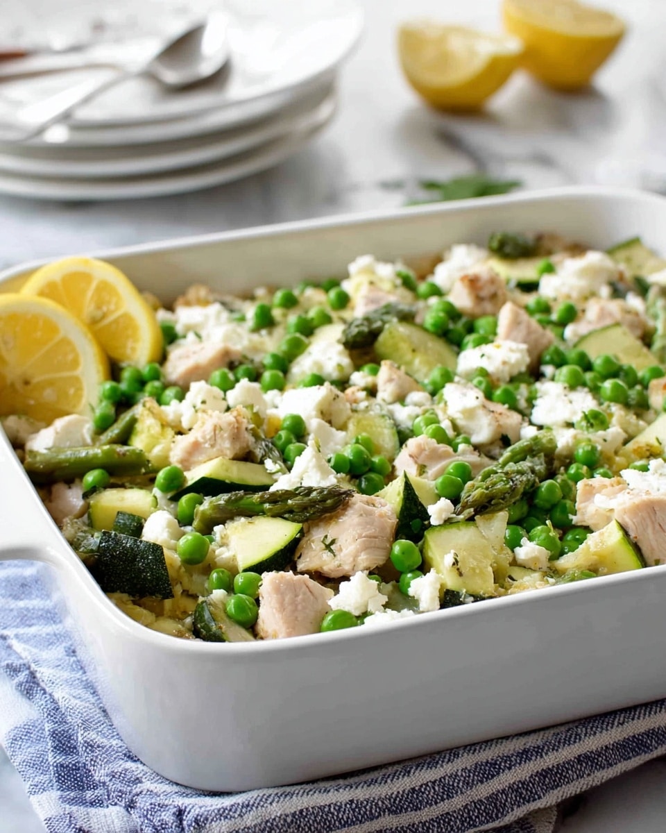The image shows a white rectangular baking dish filled with a mixed vegetable and chicken casserole. The top layer is scattered with bright green peas, soft chunks of white cheese, pieces of light brown cooked chicken, and diced green zucchini mixed with small green pieces of asparagus. In the corner of the dish, there are two yellow lemon wedges placed on top. The baking dish is set on a blue and white striped cloth on a white marbled surface, with a white stack of plates and a spoon blurred in the background. photo taken with an iphone --ar 4:5 --v 7