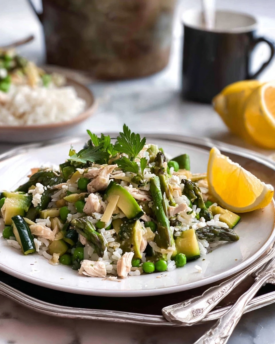 A white plate holds a mixed dish piled with various ingredients; the base layer is white rice with small green peas scattered throughout, topped with chopped, vibrant green asparagus and zucchini pieces in irregular shapes, mixed with white chunks of chicken and crumbled white cheese. Bright green parsley leaves are scattered over the top, adding freshness, and a thick lemon wedge with a yellow rind sits on the right side as garnish. The plate rests on a silver tray over a white marbled surface, with part of a fork and knife visible behind the food, and a rustic metal pot, a black cup, a white dish of extra rice, and lemon wedges blurred in the background. Photo taken with an iphone --ar 4:5 --v 7