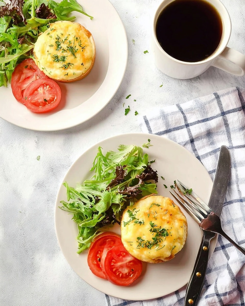Two white plates each hold a simple breakfast with three layers: a green mixed leaf salad and two red tomato slices on the left side, a round muffin topped with melted yellow cheese sprinkled with green herbs on the right side, placed on a white marbled surface. One white cup filled with dark black coffee sits next to the top plate on the right. A silver fork with a black handle rests on the lower plate to the right of the muffin, laying partly on a white and blue checkered cloth. Photo taken with an iphone --ar 4:5 --v 7