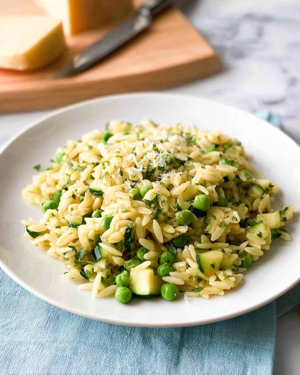 A white plate holds a single-layered pile of cooked orzo pasta mixed with bright green peas and small chopped pieces of zucchini, all coated with light herbs and sprinkled with a small amount of grated cheese on top. The texture of the orzo is soft and the vegetables look fresh and tender, creating a mix of pale yellow and green colors. In the background, a wooden cutting board with a block of cheese and a knife are slightly blurred, resting on a white marbled surface with a light blue cloth underneath the plate. photo taken with an iphone --ar 4:5 --v 7