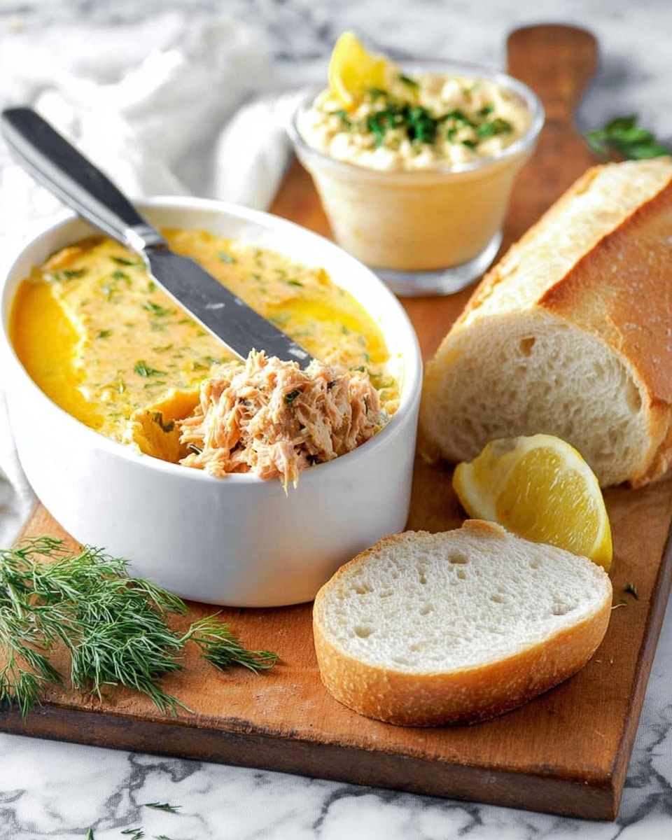 The image shows a white oval dish filled with a two-layer spread: the bottom layer is a light pinkish shredded meat mixture with green herbs, and the top layer is a smooth, shiny yellow gel. A knife with some of the meat mixture on its blade rests across the dish, highlighting the layers. Next to the dish is a slice of soft, white bread and a partially sliced white baguette on the right. In the background, there is a small glass bowl with a creamy spread topped with herbs and a lemon wedge. All items are set on a wooden cutting board on a white marbled surface, with a sprig of green herb nearby. Photo taken with an iphone --ar 4:5 --v 7