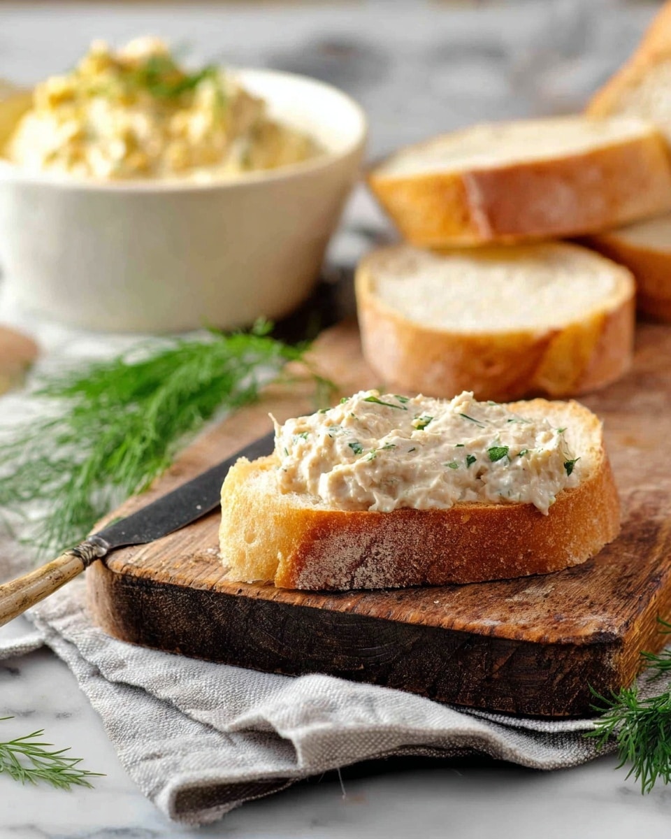 A slice of crusty bread sits on a wooden cutting board, topped with a creamy, slightly chunky spread that has a light beige color speckled with green herbs. Next to the bread is a knife with a dollop of the same spread on the blade. Behind, more slices of similar bread rest on the board. In the blurry background, a white bowl with a yellowish spread garnished with green herbs is visible. A sprig of fresh green dill lies on a light grey cloth beneath the cutting board, all placed on a white marbled surface. photo taken with an iphone --ar 4:5 --v 7