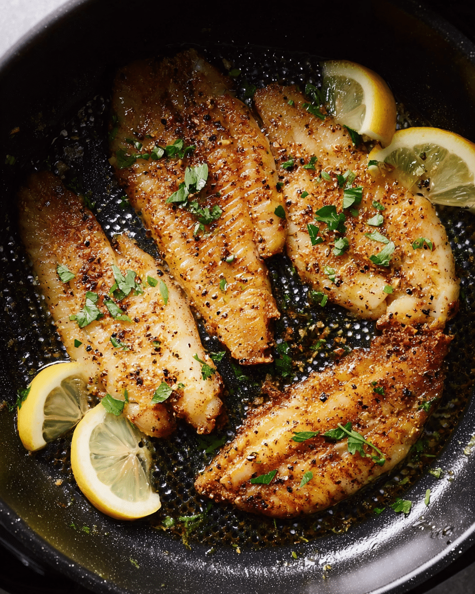 The image shows four golden brown fish fillets cooked in a black perforated pan. The fish pieces have a slightly crispy texture with visible pepper and seasoning sprinkled on them, along with small green herb bits scattered on top. Three lemon wedges with seeds and herbs are placed around the fillets, adding a fresh, bright yellow contrast to the dish. The pan’s shiny surface is dotted with small oil droplets, giving it a juicy look. Photo taken with an iphone --ar 4:5 --v 7