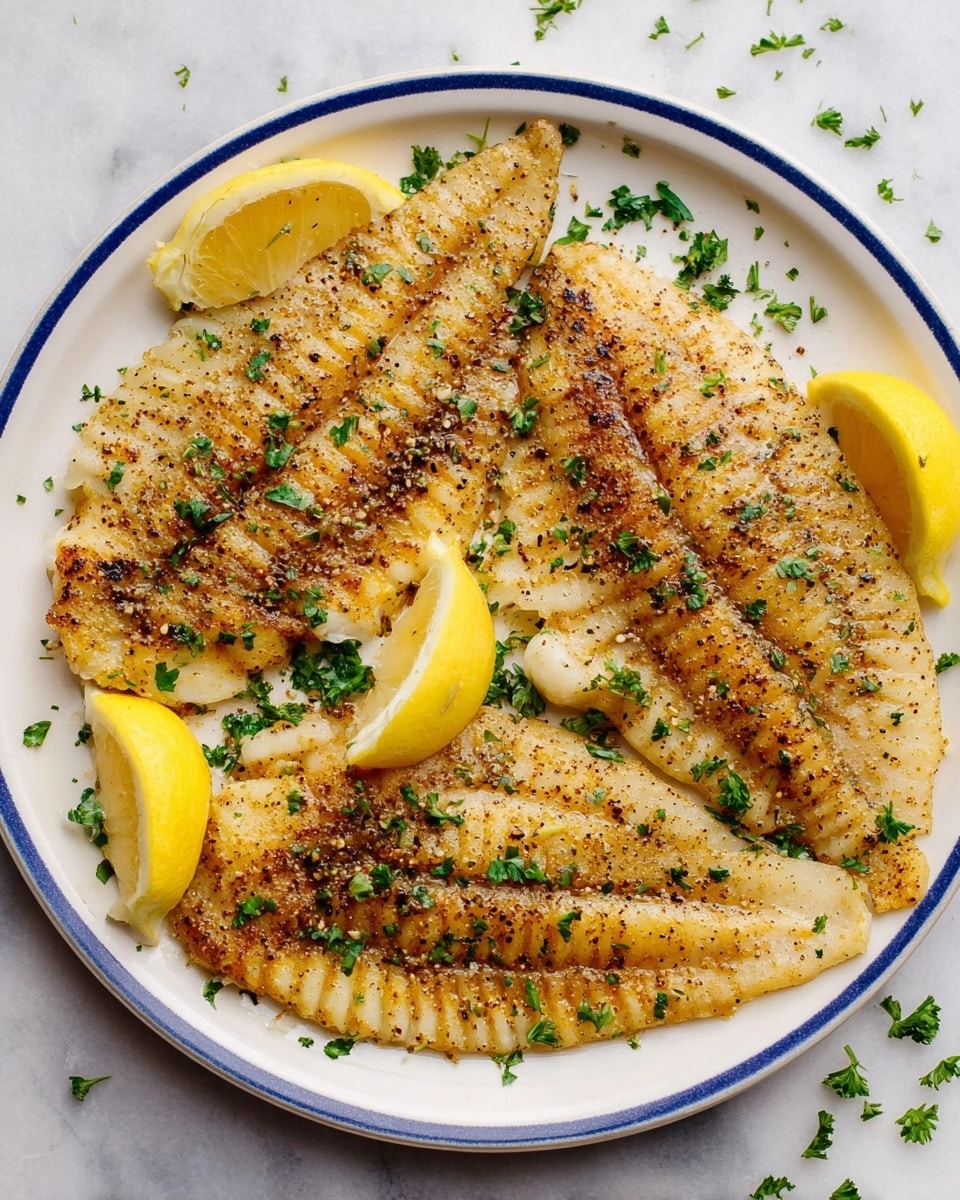 A white plate with a blue rim holds four grilled fish fillets arranged in a circular pattern, each fillet golden brown with visible grill marks and seasoned with black pepper and herbs. Bright green chopped parsley is sprinkled evenly over the fish. Three lemon wedges with a vibrant yellow peel and pale inner flesh are placed between the fillets, adding color contrast. The plate sits on a white marbled surface with small bits of chopped parsley scattered around. The photo taken with an iphone --ar 4:5 --v 7
