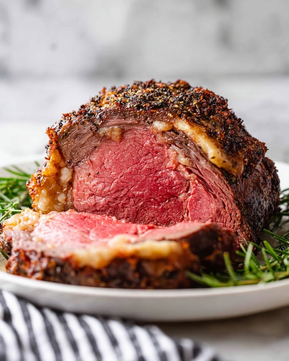 The image shows a thick cut of roast beef with a crispy, dark brown crust that has coarse black pepper and herbs on top. The inside has two main layers: a thin outer layer of cooked brownish-gray meat and a thick, juicy, bright pink inner layer. The cut sits on a white plate, with a sprig of green rosemary on the side, all set on a white marbled surface with a blurred black and white striped cloth in front. The focus is on the meat’s texture, showing the tender, moist inside and the slightly charred crust photo taken with an iphone --ar 4:5 --v 7