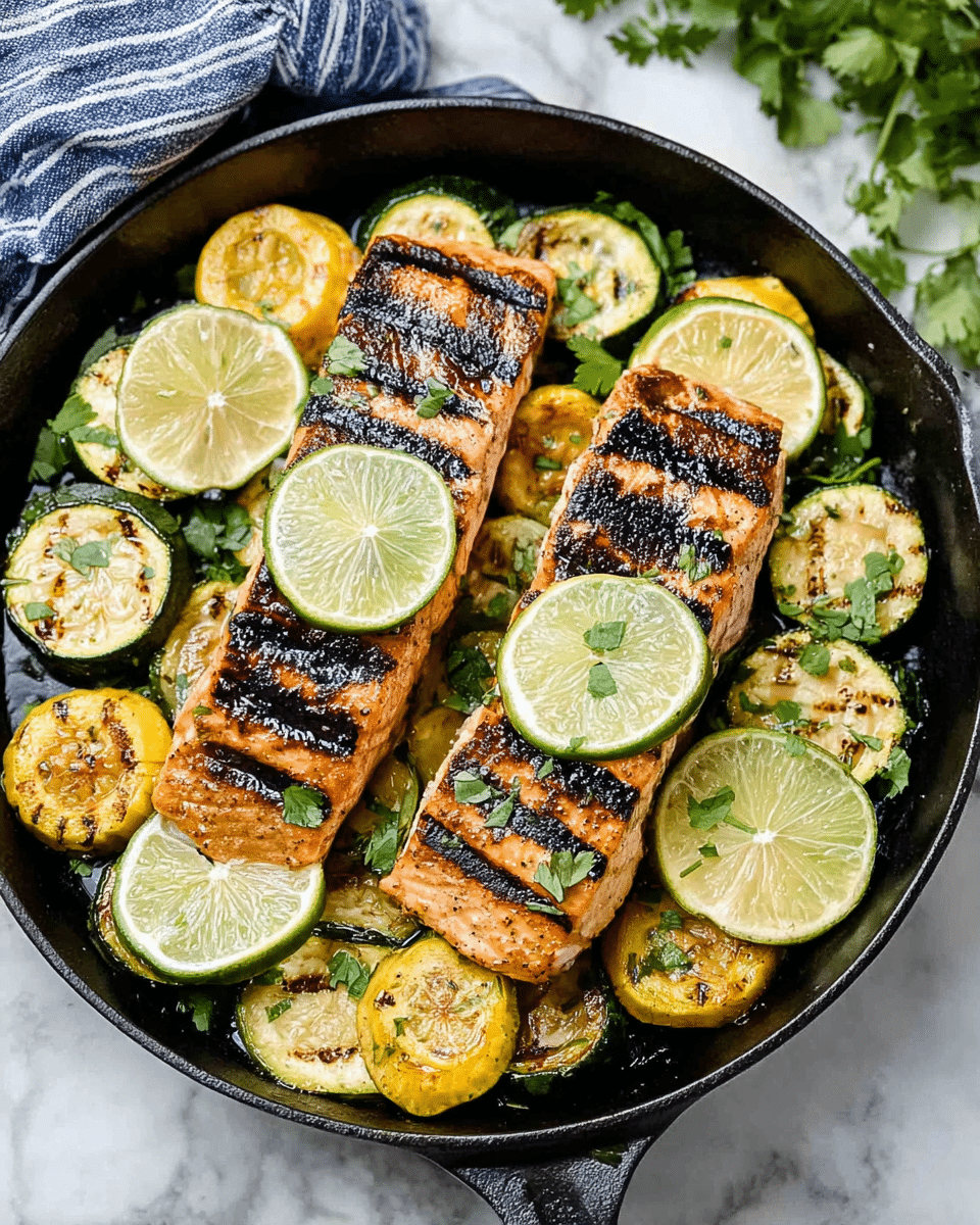 The image shows two rectangular grilled salmon fillets with dark grill marks placed side by side in the center of a black skillet. Each salmon fillet has a thin round slice of lime on top. Below and around the salmon fillets, there are several round grilled zucchini and yellow squash slices with visible char marks. Bright green parsley leaves are sprinkled around, filling the gaps between the vegetables and adding a fresh touch. Thin lime slices are placed underneath and among the veggies, adding a light green contrast. The skillet sits on a white marbled surface with a blue and white striped cloth partially visible in the top corner. photo taken with an iphone --ar 4:5 --v 7