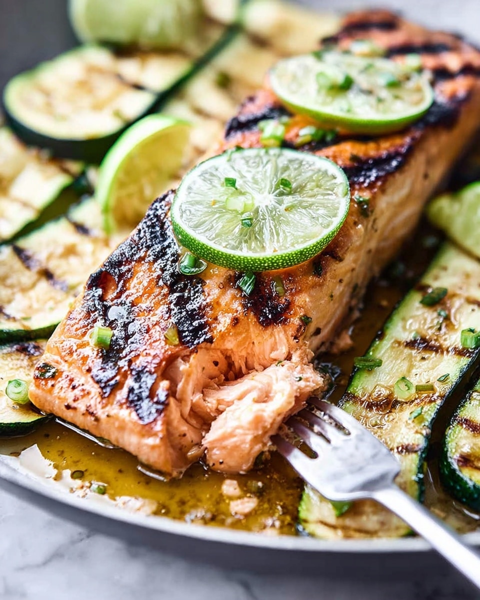 The image shows a grilled salmon fillet with dark grill marks on its shiny, orange-pink surface, topped with a thin slice of lime and small green herb bits. The salmon rests on a layer of grilled zucchini slices that have dark brown char marks, and a few light green lime slices are mixed in. A silver fork is cutting into the salmon, revealing the soft, flaky inside of the fish. The dish sits in a white pan placed on a white marbled surface, with a bit of glossy sauce pooling around the zucchini and salmon, adding a fresh and juicy look. Photo taken with an iphone --ar 4:5 --v 7