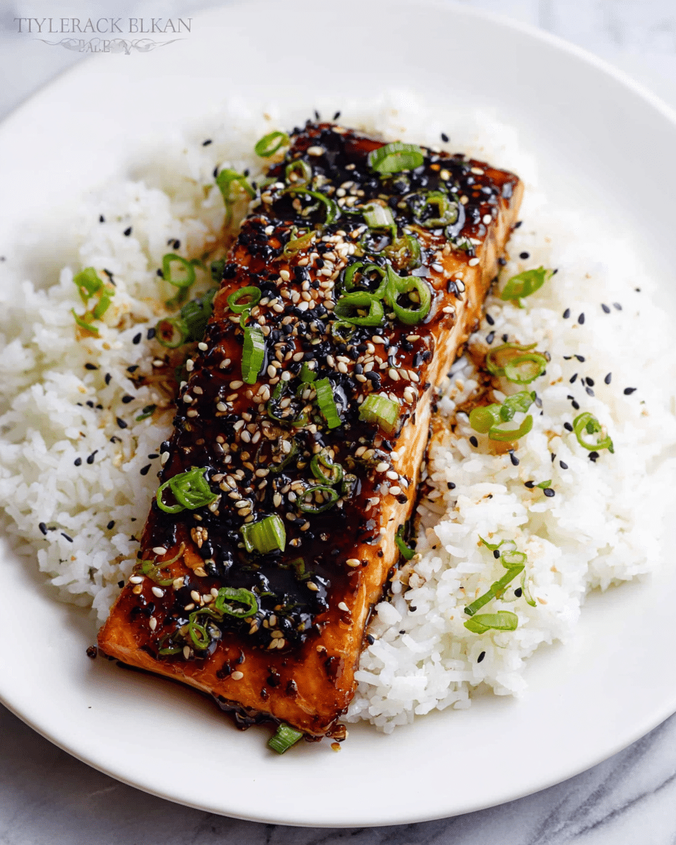 A white plate holds a serving of white rice spread in a rough circle as the base layer. On top of the rice, there is a thick rectangular piece of baked salmon coated with a shiny, dark brown teriyaki glaze, showing a caramelized texture. The salmon is sprinkled with small black and white sesame seeds and chopped green onions, adding contrast with black, white, and bright green dots over the fish and rice. The dish sits on a white marbled surface. photo taken with an iphone --ar 4:5 --v 7