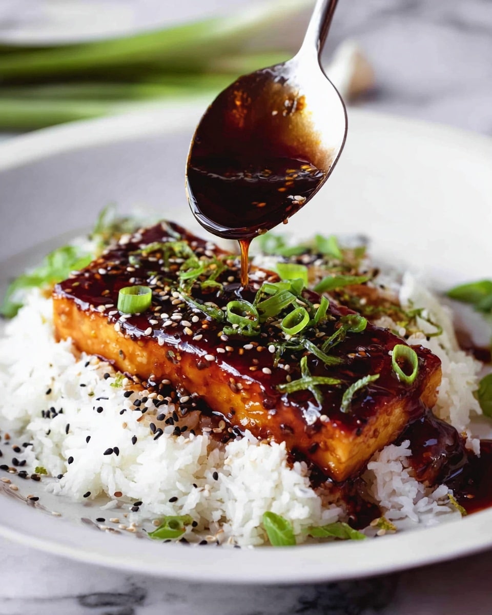 A white plate holds a bed of fluffy white rice scattered with black and white sesame seeds, forming the base layer. On top of the rice is a glazed rectangular piece of tofu with a shiny, dark brown sauce coating it evenly. Bright green chopped scallions are sprinkled on the tofu and rice, adding a fresh color contrast. A steel spoon above the tofu drizzles a thick dark sauce onto the tofu, creating small drips down its sides. The plate sits on a white marbled surface with blurred green stems in the background, enhancing the focus on the dish. photo taken with an iphone --ar 4:5 --v 7