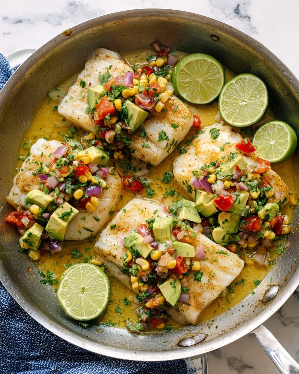 Four pieces of cooked white fish fillets sit in a pan with a light golden sauce, each topped with a colorful salsa made of diced avocado, red onion, tomato, corn kernels, and green herbs. Thin slices of fresh lime are placed around the fish, adding a bright green color contrast. Chopped green herbs are scattered over the dish, with the pan resting on a white marbled surface partially covered by a blue and white towel. photo taken with an iphone --ar 4:5 --v 7