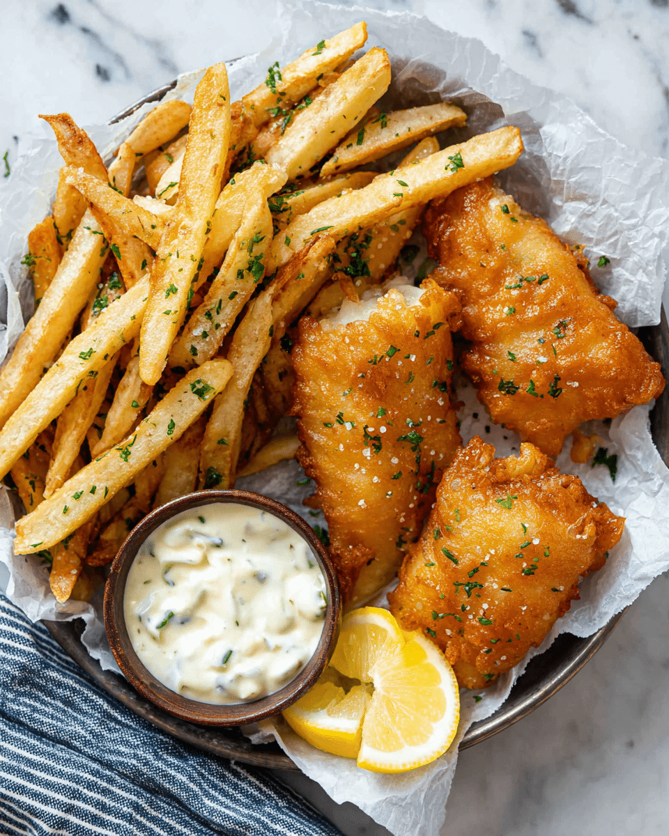 A round dish lined with white parchment paper holds three pieces of golden-brown fried fish, each with a crispy, bubbly batter coating sprinkled with green herb bits. To the left, a pile of thick, light golden French fries is similarly sprinkled with green herbs and salt. At the bottom center, a small brown cup filled with creamy white tartar sauce sits next to two lemon wedges with bright yellow rinds and juicy pale yellow centers. The dish sits on a white marbled surface with a blue and white striped cloth visible at the bottom left. Photo taken with an iphone --ar 4:5 --v 7