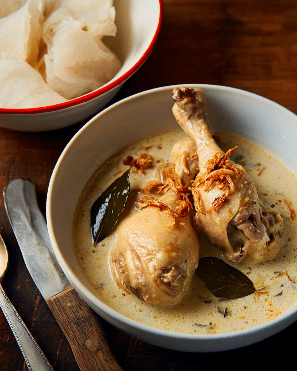 A white bowl holds two chicken drumsticks, light brown in color, sitting in a pale creamy sauce with a slightly oily surface. The chicken is topped with small fried onion pieces that add a golden crunch, and a dark bay leaf rests in the sauce next to the drumsticks. To the left, a white bowl with red on the outside edge contains large, pale, folded pieces of rice cake. The setup is on a dark wooden surface with a spoon and a knife placed near the bowl. Photo taken with an iphone --ar 4:5 --v 7