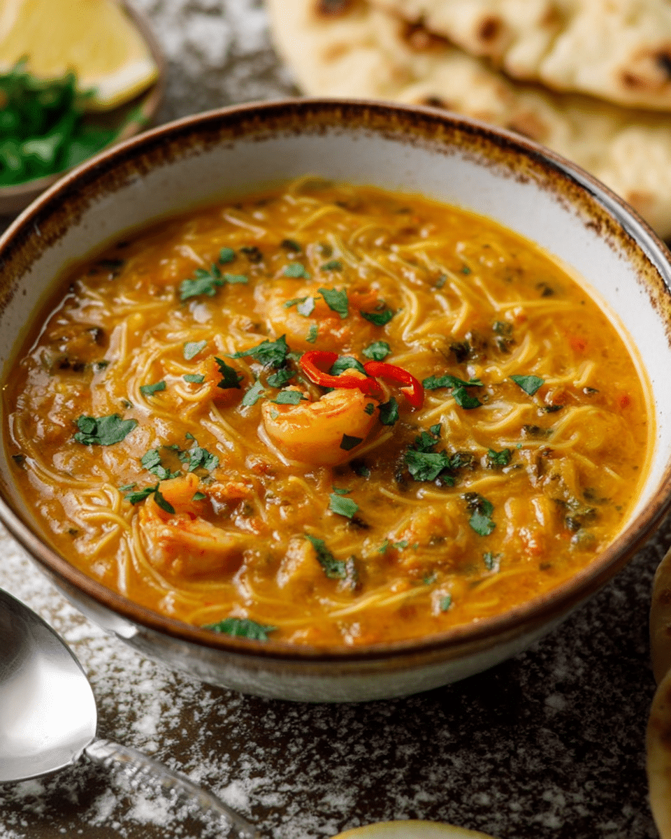 A close-up of a bowl containing a thick orange curry with visible pieces of shrimp and thin noodles layered throughout. The dish is garnished with small green cilantro leaves scattered on top, and small red chili peppers add a bright color contrast. The bowl is white with an earthy brown rim and has a slightly glossy texture. Around the bowl, there are pieces of flatbread and a silver spoon on a white marbled textured surface. Photo taken with an iphone --ar 4:5 --v 7