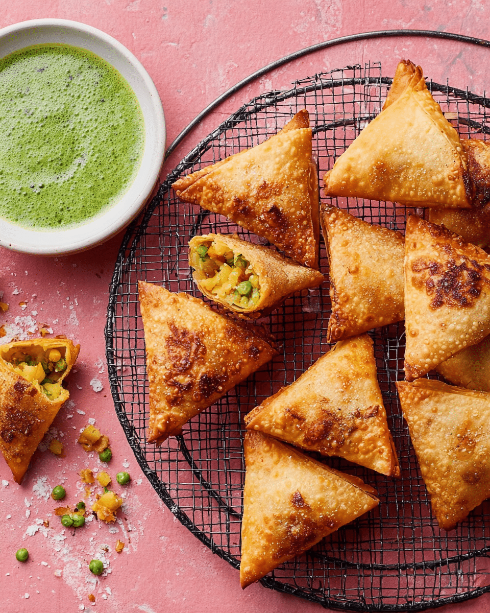 A round black cooling rack holds several golden brown triangular samosas with crispy, slightly oily surfaces and some darker toasted spots. One samosa is broken open, revealing a yellowish filling with visible green peas and small bits of potato inside. To the left, a white bowl with some green sauce inside sits on a pink background with some crumbs scattered around. The sauce looks smooth and creamy with flecks of herbs. Photo taken with an iphone --ar 4:5 --v 7