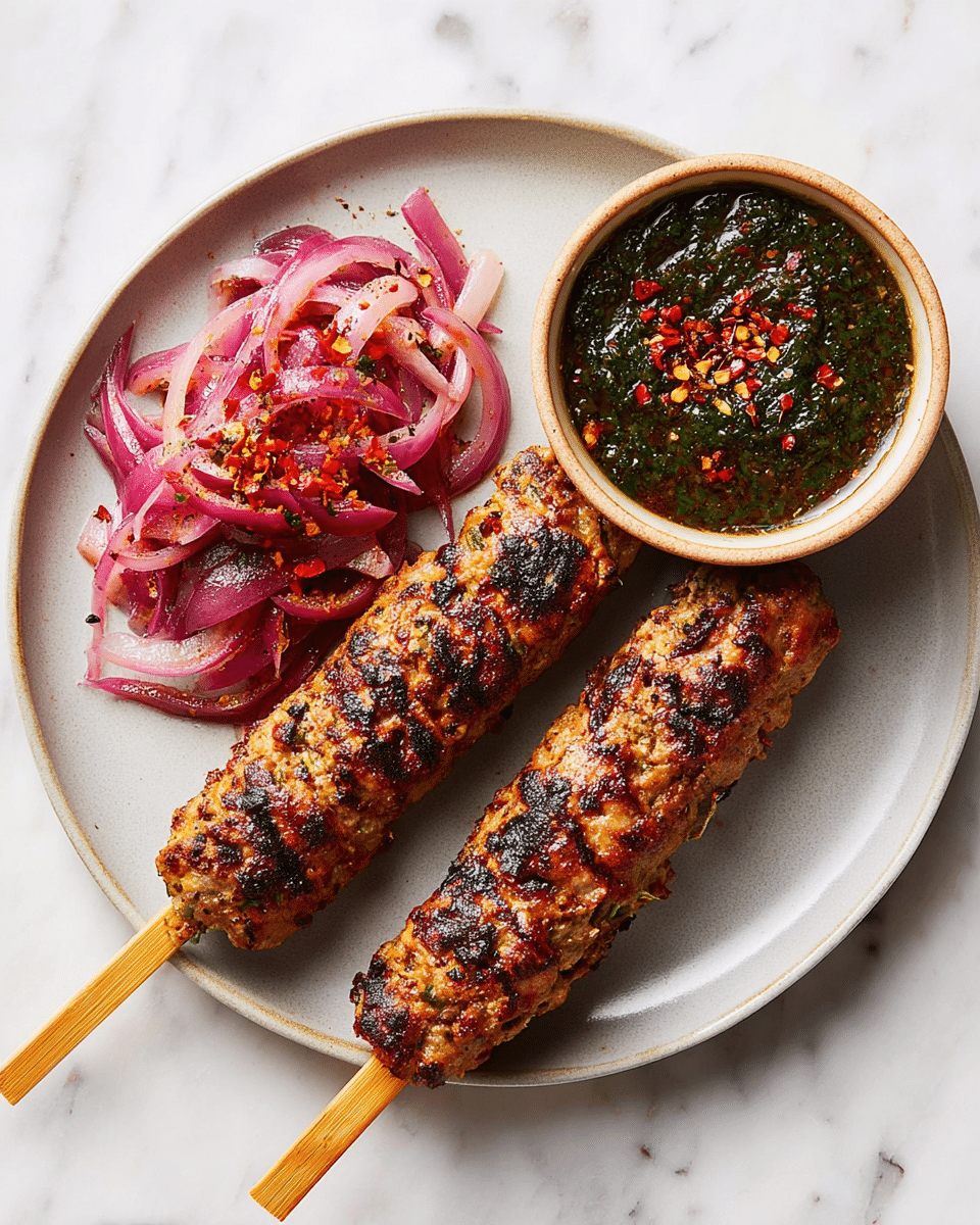 Two grilled meat kebabs on wooden skewers lie side by side on a round white plate with a matte finish. The kebabs have a golden-brown color with dark grill marks and red spice sprinkled on top. To the left of the kebabs is a small heap of thinly sliced red onions, dusted with red seasoning, showing their light purple and white layers. Above the onions, a small round beige bowl filled with thick, dark green sauce is topped with bits of crushed red seasoning. The plate is set on a white marbled surface. Photo taken with an iphone --ar 4:5 --v 7