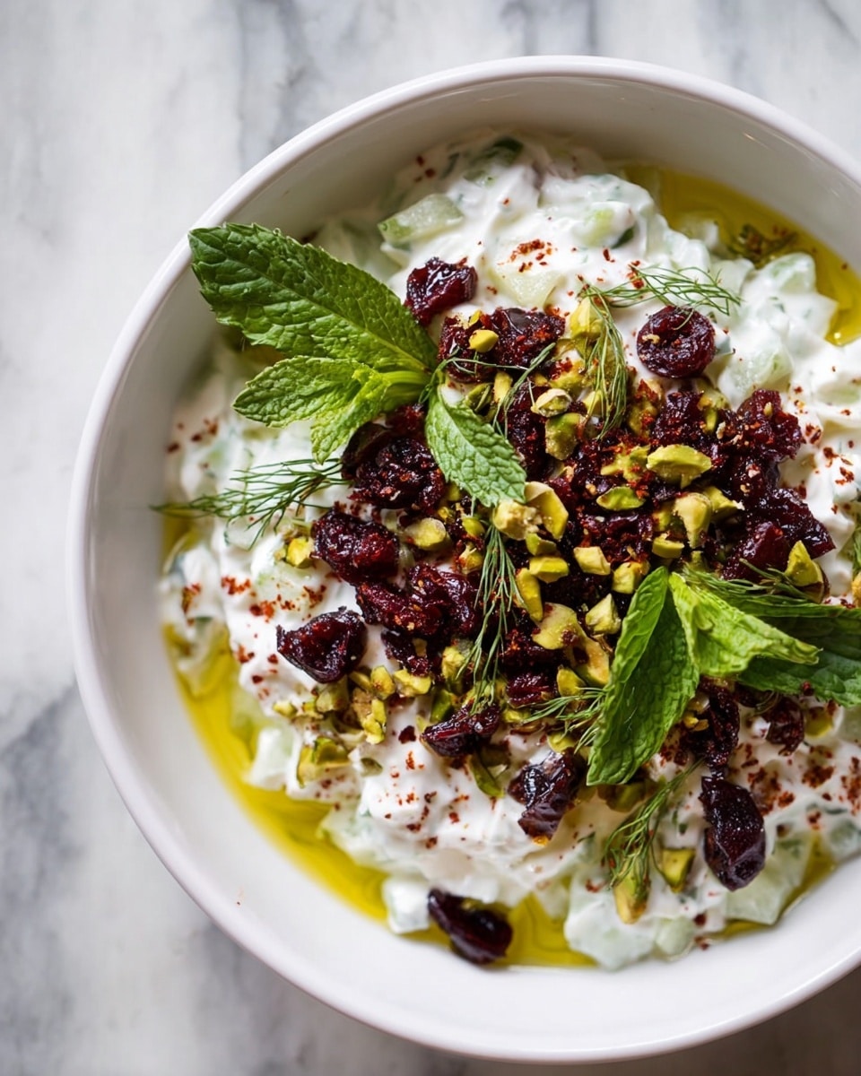 Cucumber Yogurt Salad with Dill, Sour Cherries, and Rose Petals Recipe