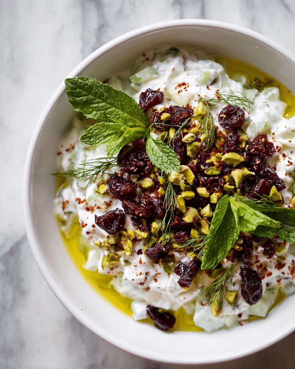 A white bowl holds a layered dish starting with a base of creamy white yogurt mixed with small pieces of cucumber, sprinkled lightly with red crushed spices. On top, there are dark red dried cranberries and bright green chopped pistachios scattered across the surface. Fresh green mint leaves and dill sprigs are placed on the center, adding a fresh touch. A thin layer of golden olive oil is visible around the yogurt, all set against a white marbled surface background. photo taken with an iphone --ar 4:5 --v 7